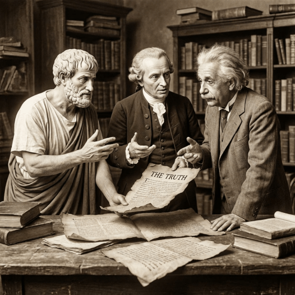 Aristotle, Kant, and Einstein debating over a document titled "THE TRUTH" in a library.